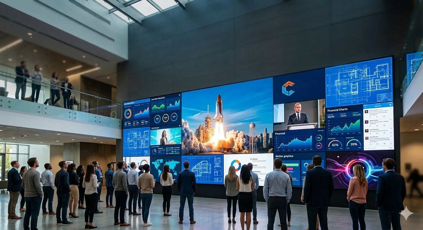 What can be displayed on an LED video display screen wall?