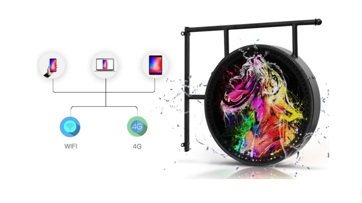 Double-sided hanging circular LED logo sign for airport and transit hubs