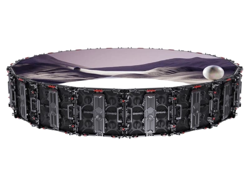 Touring stage LED display packed in heavy-duty flight cases for transport