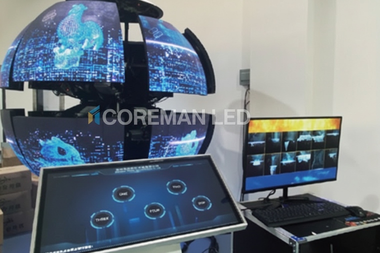 A custom-engineered kinetic spherical LED screen designed as an interactive digital art installation
