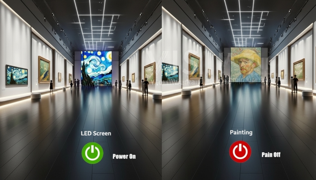 Architectural led mural screen matching building facade texture in standby mode