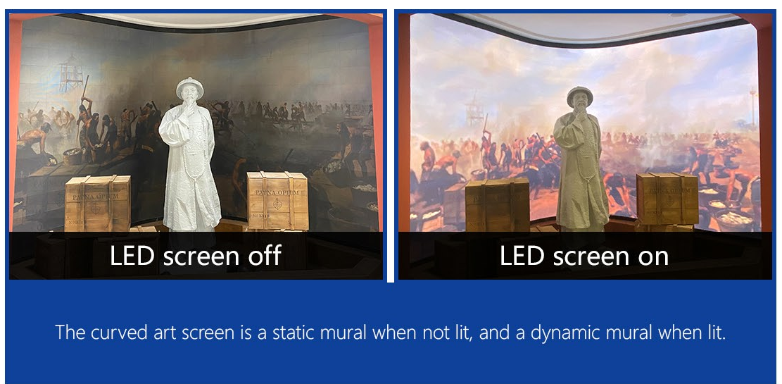 Artistic LED display integrated into museum wood paneling for aesthetic continuity