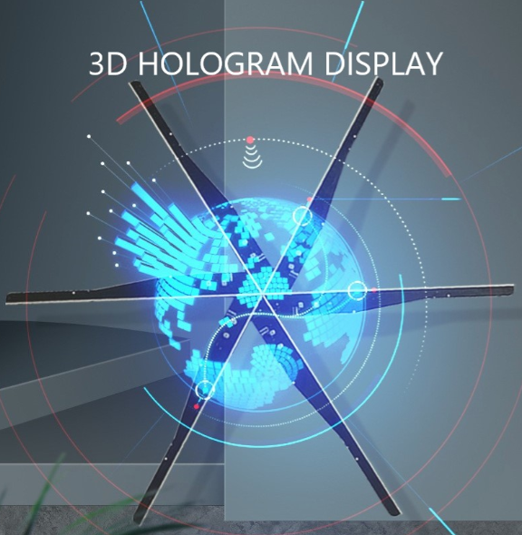 Ceiling-mounted 3D holographic fan protected by a clear acrylic cover for public safety.