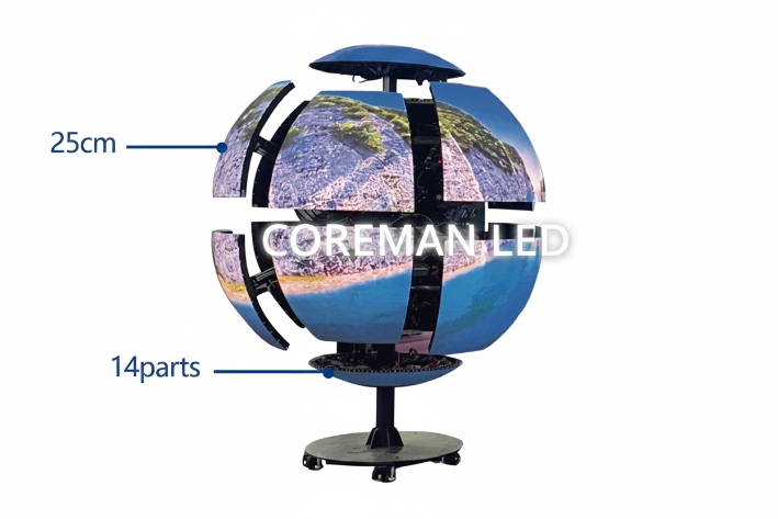 Close-up of a seamless P3 kinetic LED spherical screen showing vibrant, high-contrast digital content