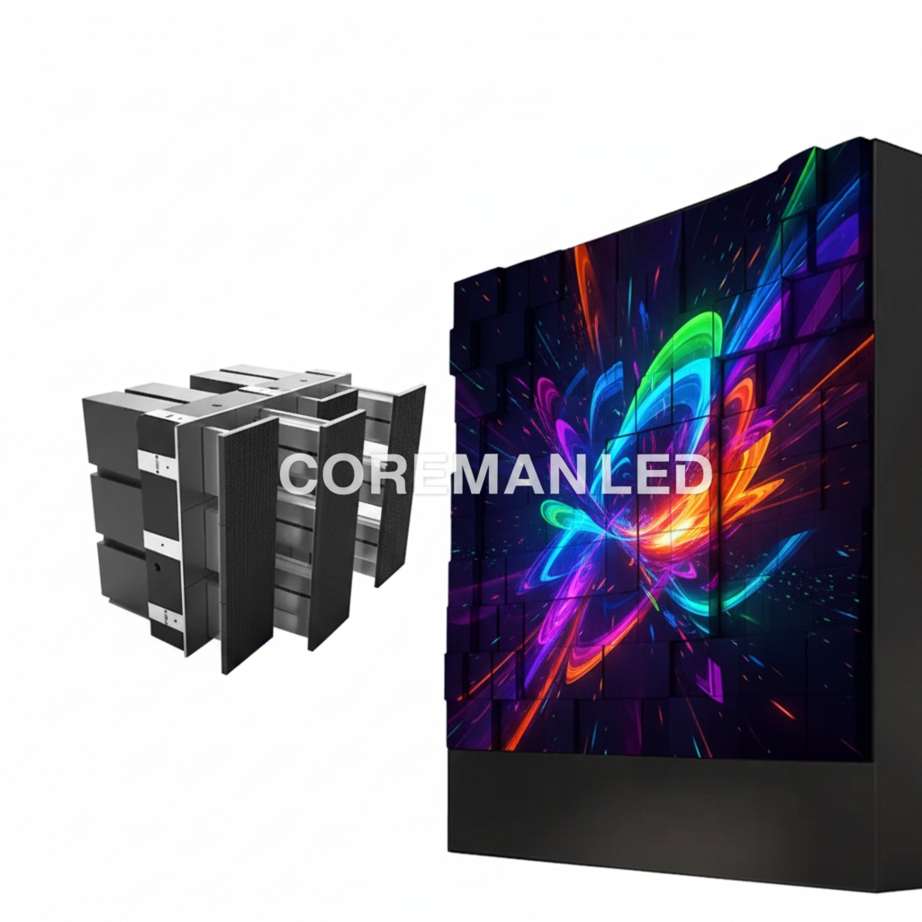 COREMAN kinetic LED matrix display front view with telescopic modules