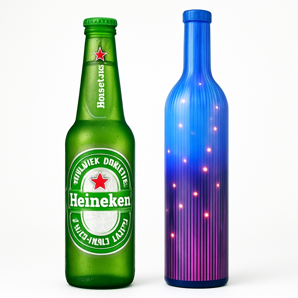 Creative P2.5 flexible LED screen shaped like a beer bottle for branding.