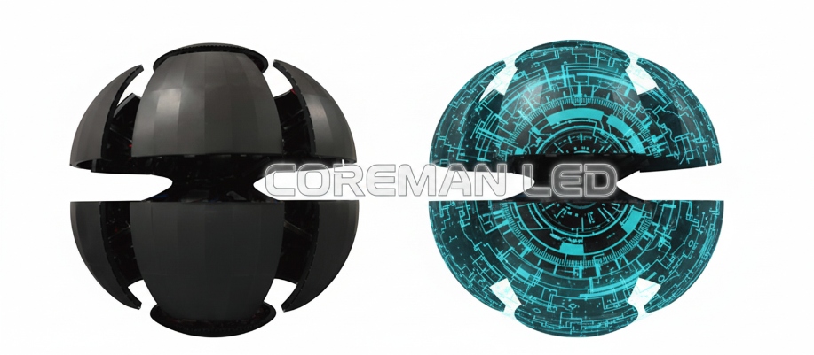 DMX-controlled kinetic LED sphere interacting with stage lighting and visual effects during a live event