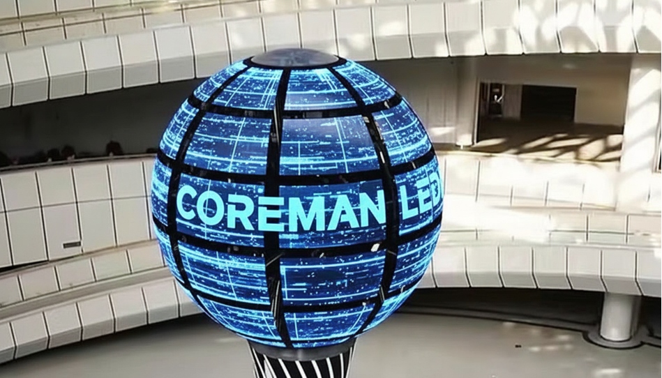 High-definition kinetic LED globe display used as a centerpiece in a futuristic tech exhibition hall