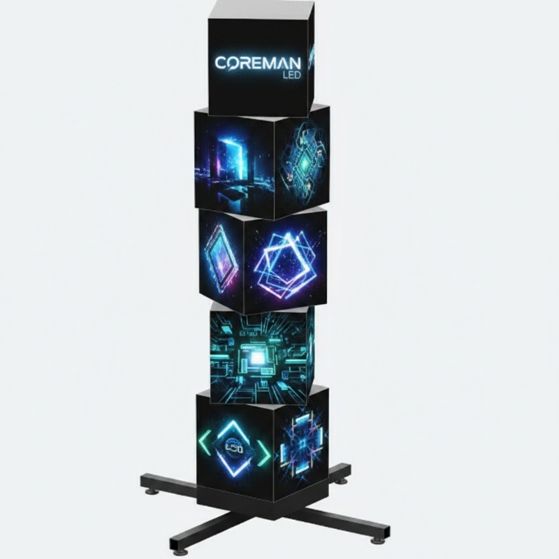 High-resolution LED cube with 360-degree visual impact and omnidirectional playback