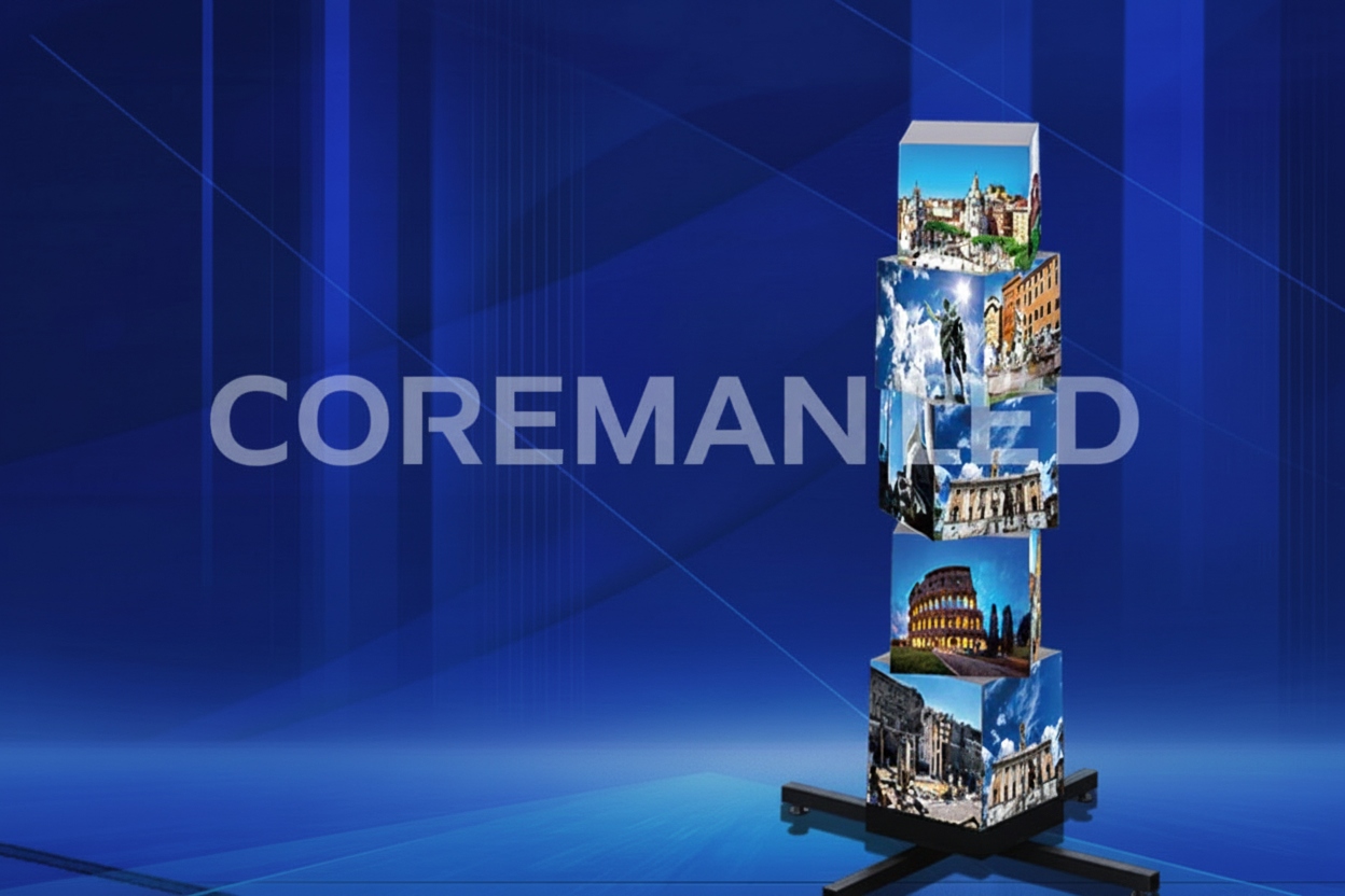 Lightweight and mobile-friendly rotating LED cube for quick installation and relocation