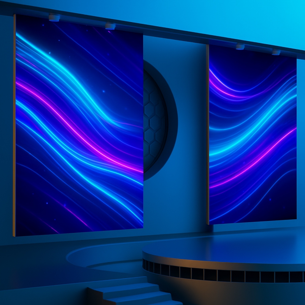 Multi-screen synchronized sliding LED display for corporate showrooms