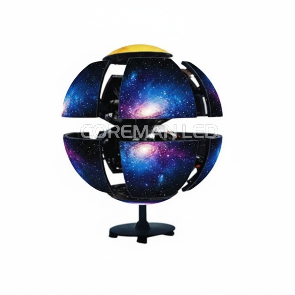 Programmable kinetic LED ball screen with motorized lifting system for immersive 360-degree viewing