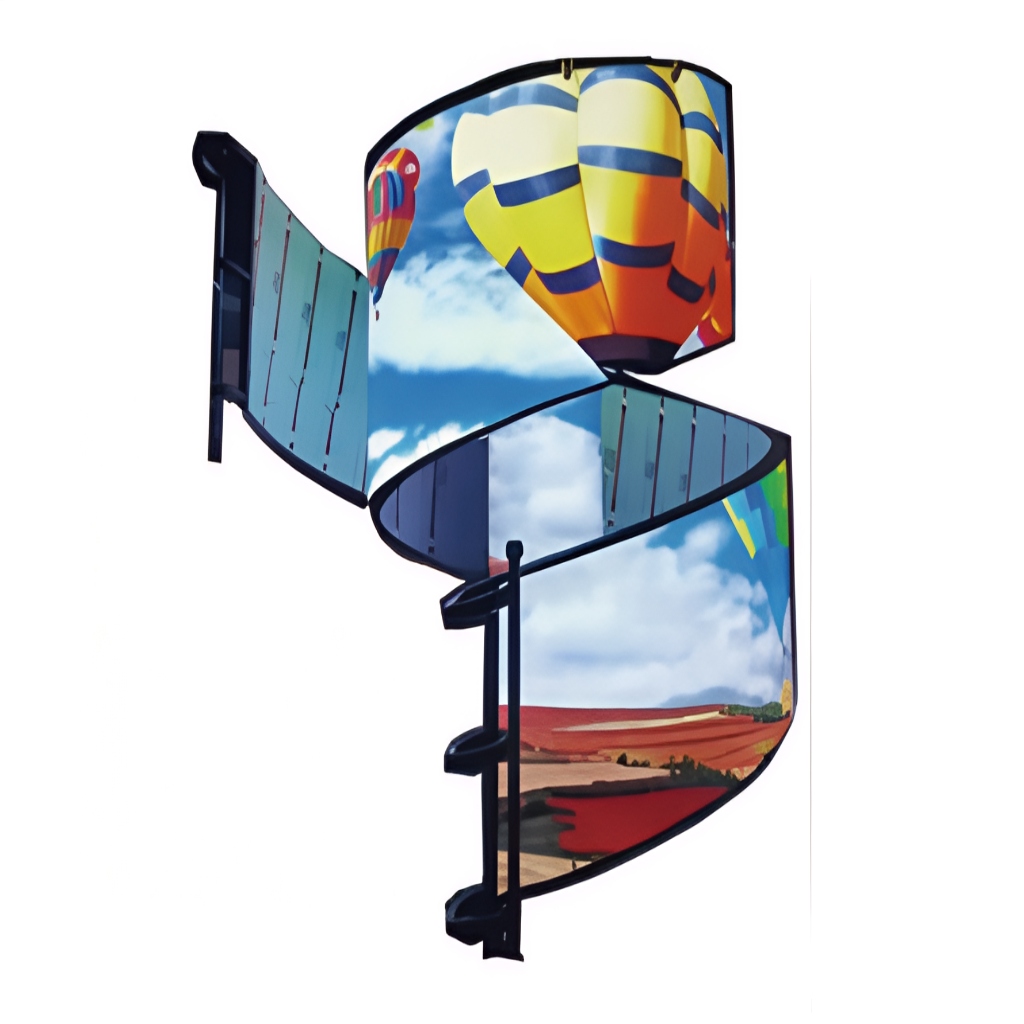S-shaped custom creative LED display using high refresh rate soft modules.