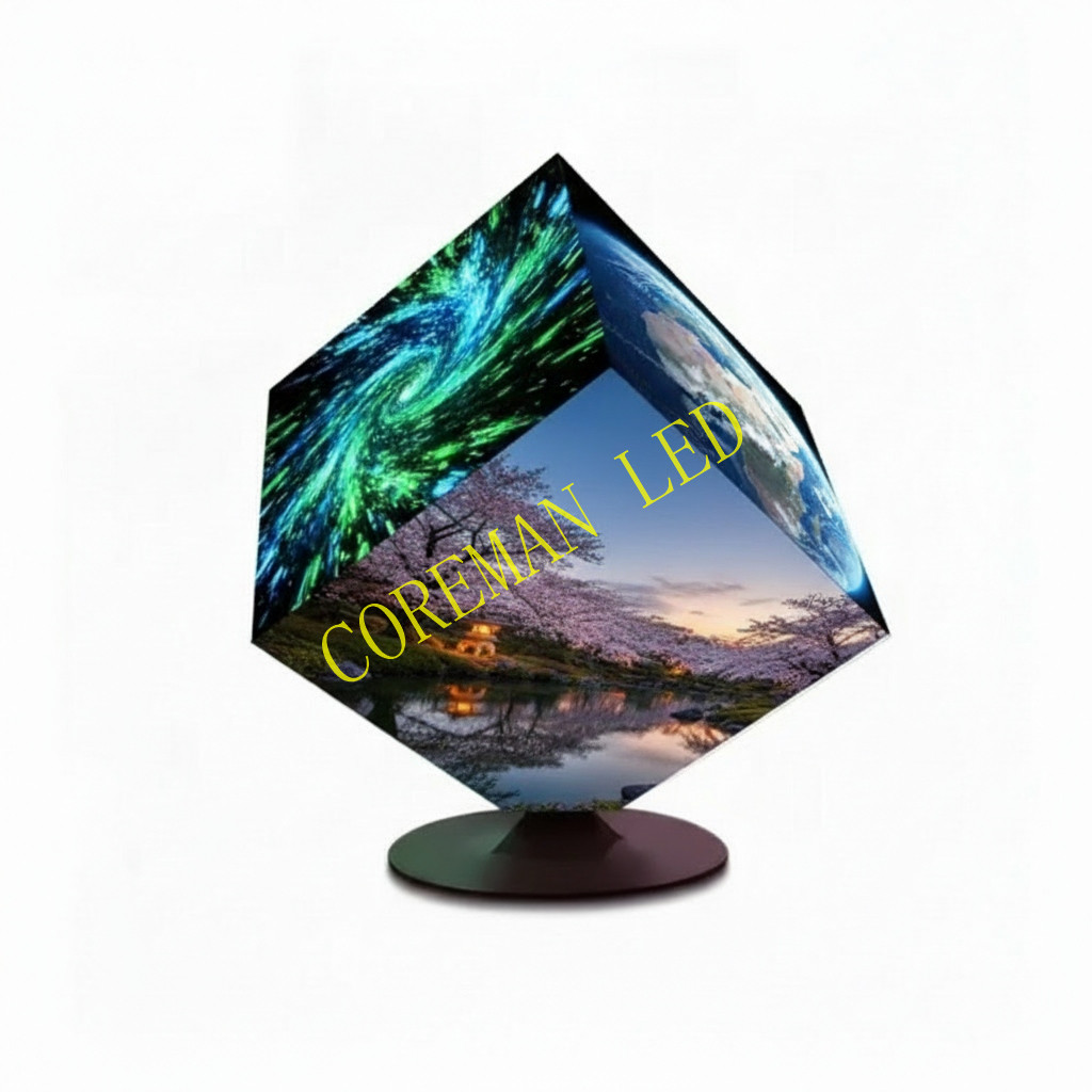 Seamless LED cube display with 90 degree mitered edges