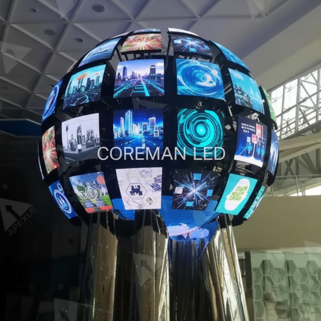 Wide-angle view of multiple kinetic LED spherical screens moving in harmony for a breathtaking visual show