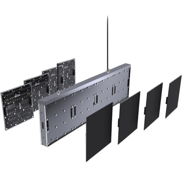 Ceiling hanging double sided LED screen showcasing secure steel cable suspension mechanism.
