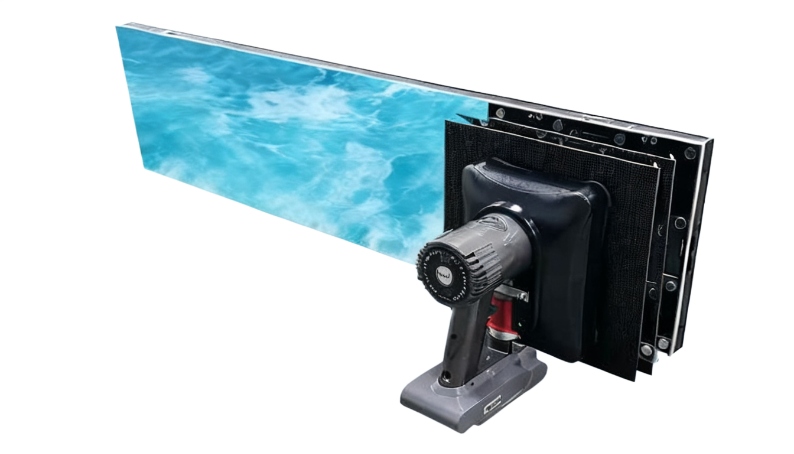 Double sided hanging LED screen installed in retail storefront window for inward and outward digital signage.