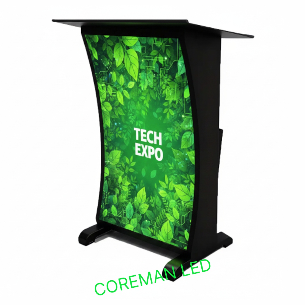 Front view of smart podium LED display with ultra-thin industrial HD screen.