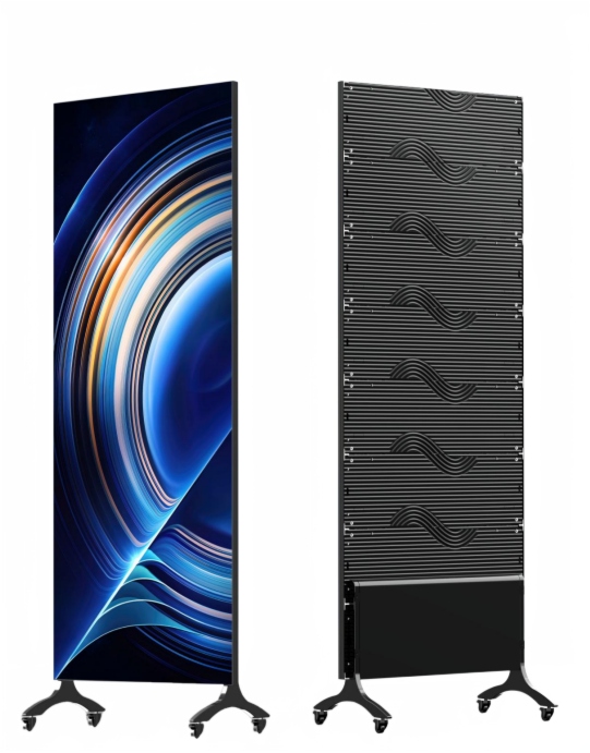 Front view of the newly designed floor-standing LED poster screen with an ultra-slim aluminum frame.