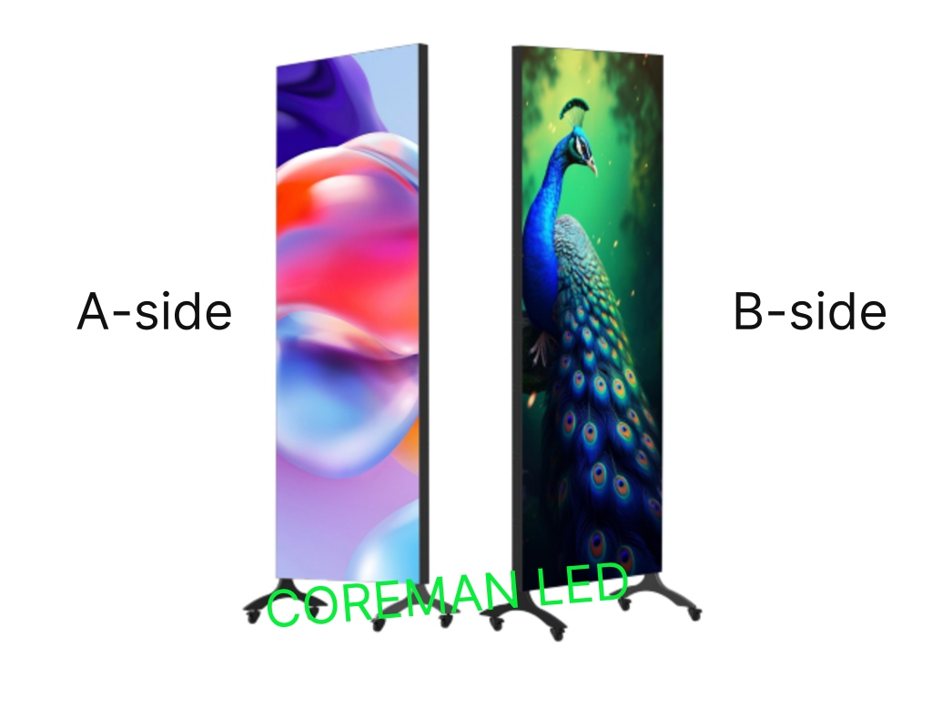 Full view of the double-sided floor-standing LED poster screen showcasing synchronized dual-sided displays.