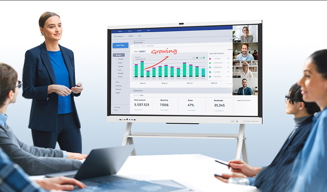 High-brightness LED touch screen showing vibrant color uniformity under bright office lighting.