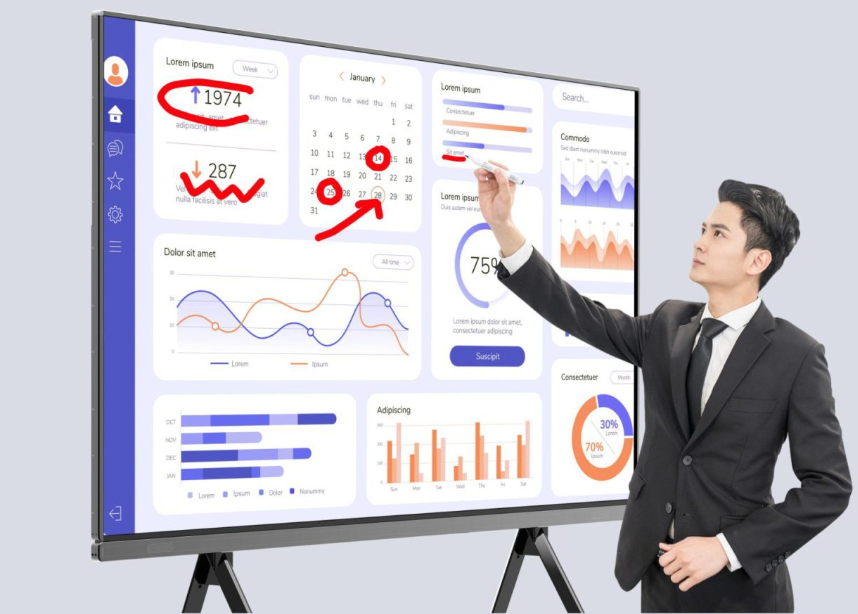 Mobile LED touch all-in-one machine with foldable stand and high-precision infrared touch.