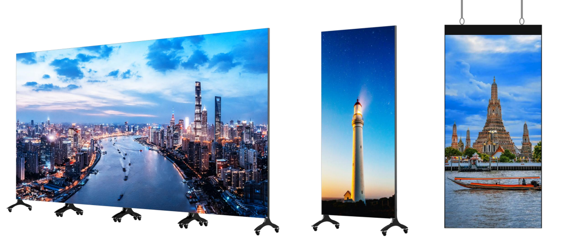 Multiple LED poster screens cascaded together to form a seamless large-screen video wall display.