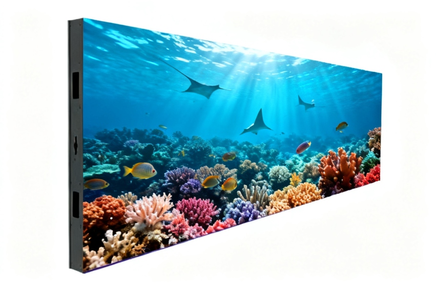 Slim dual sided suspended LED display with ultra thin enclosure for commercial spaces.