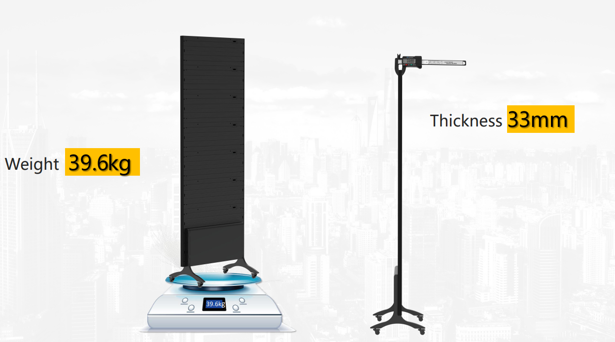 Slim LED poster screen back view with foldable stand and wheels