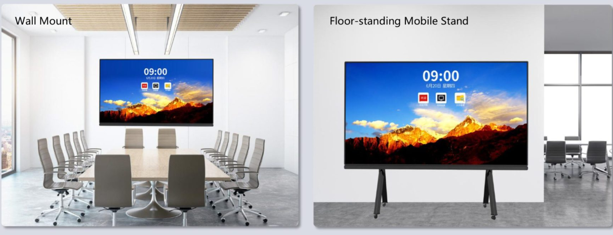 Slim profile LED all-in-one touch panel with aluminum alloy frame and front maintenance access.