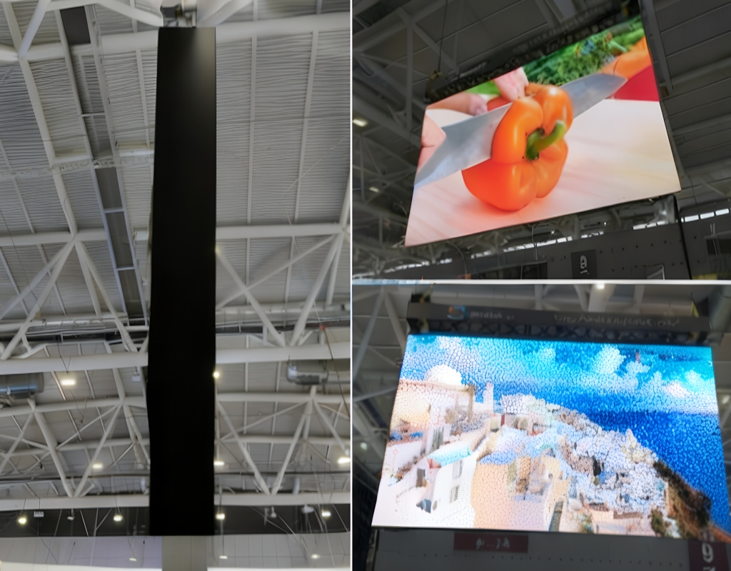 Structural view of a dual sided suspended LED screen highlighting front and rear maintenance access and thermal dissipation layout.