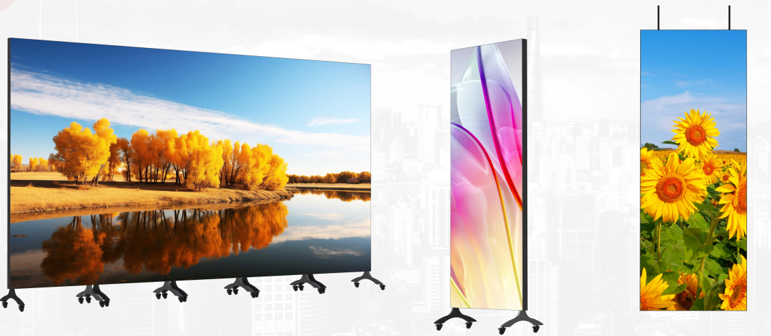 Window-facing double-sided LED totem capturing both indoor and outdoor traffic with vibrant synchronized content.