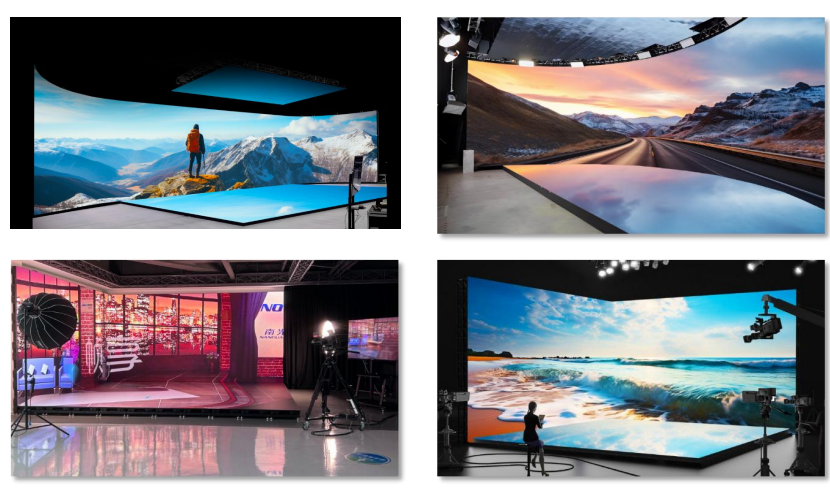 A comprehensive indoor XR studio setup integrating vertical XR LED walls and heavy-duty interactive LED floor tiles for a 3D immersive stage.