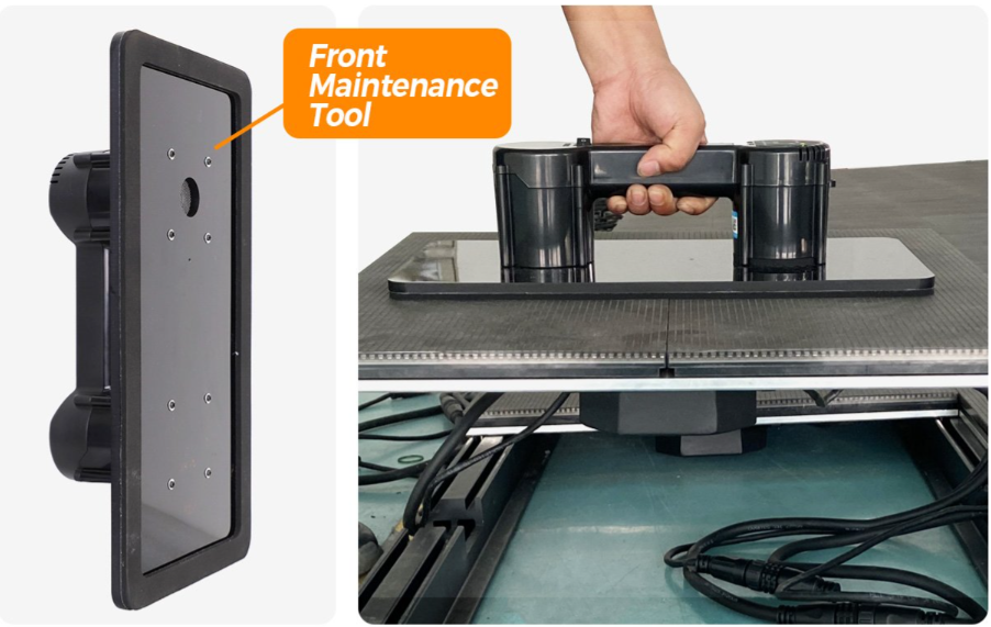 Front service tool maintaining interactive LED floor display from top surface