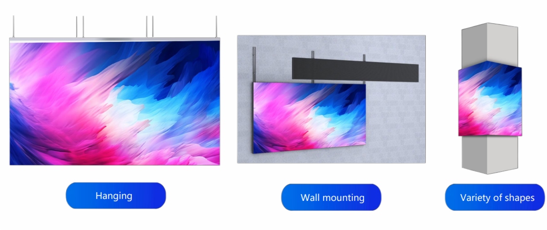 Large format permanent indoor LED display utilized for digital signage and brand advertising in a premium retail flagship store.