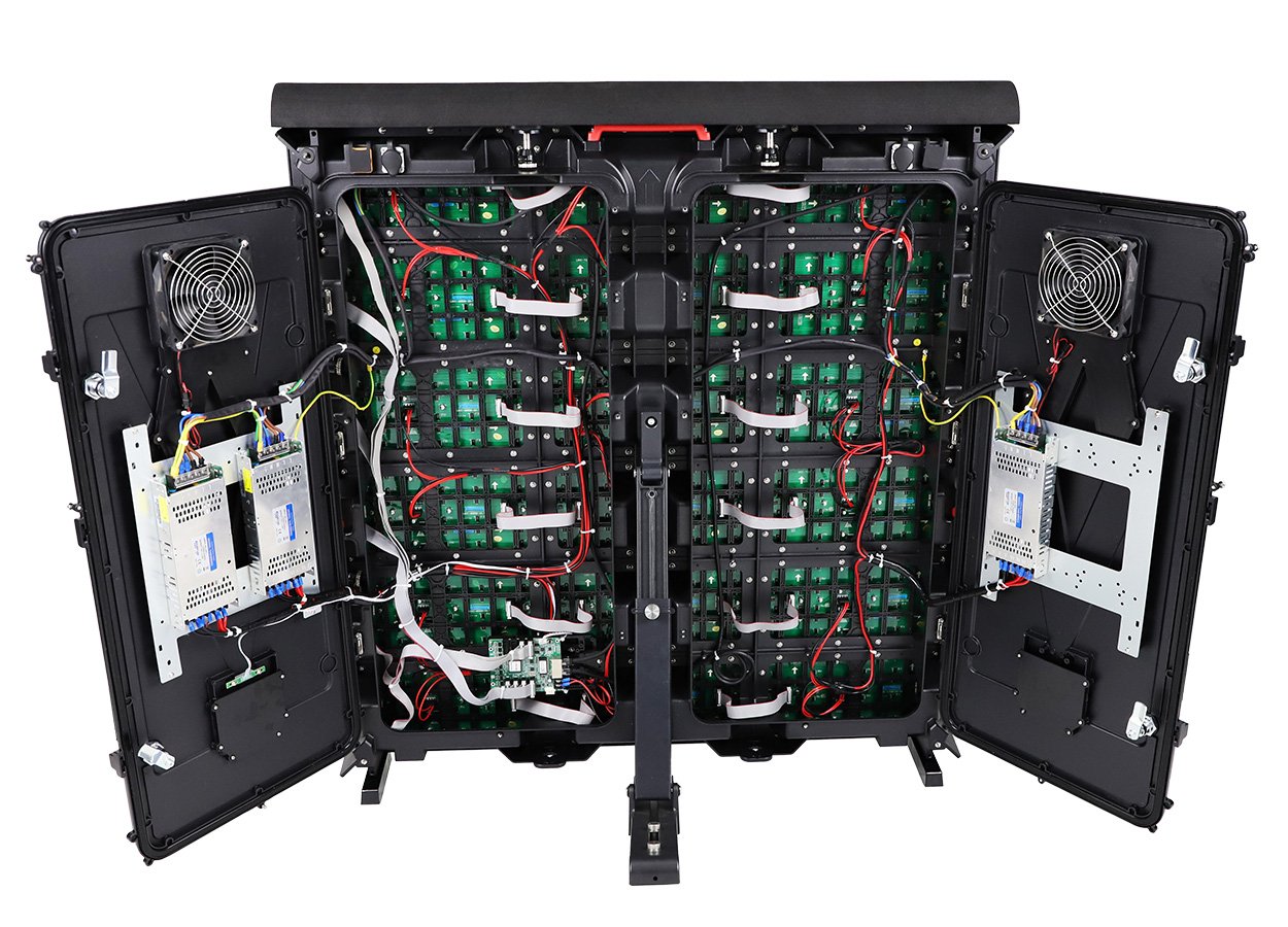 A technician quickly opening the rear cover of a stadium LED cabinet for easy maintenance and module replacement.