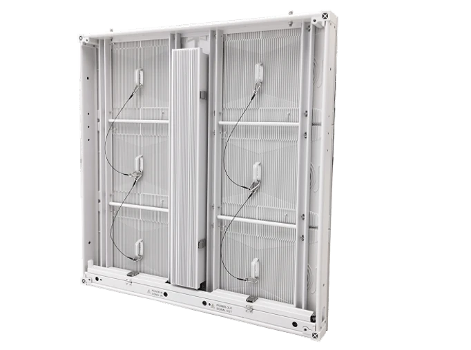 Front-serviceable LED display wall with power supply and receiving card removed from the front.