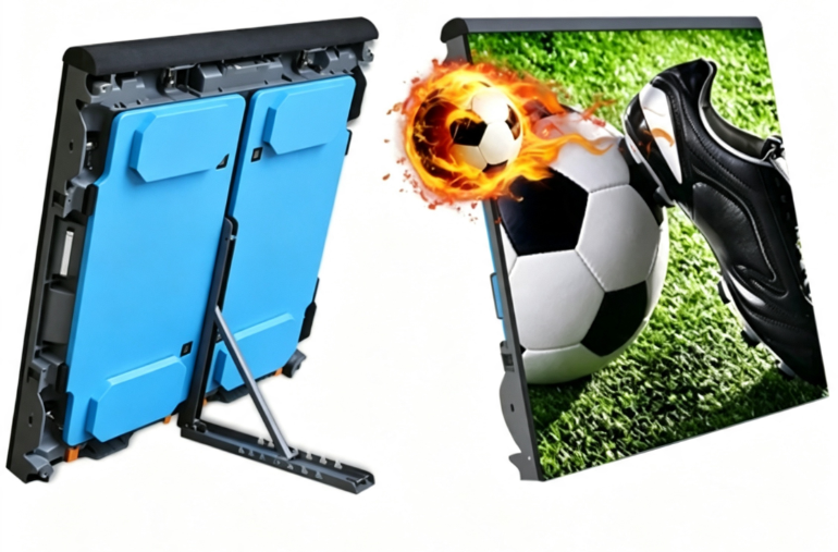 Outdoor football stadium LED perimeter display board displaying live sports advertisements