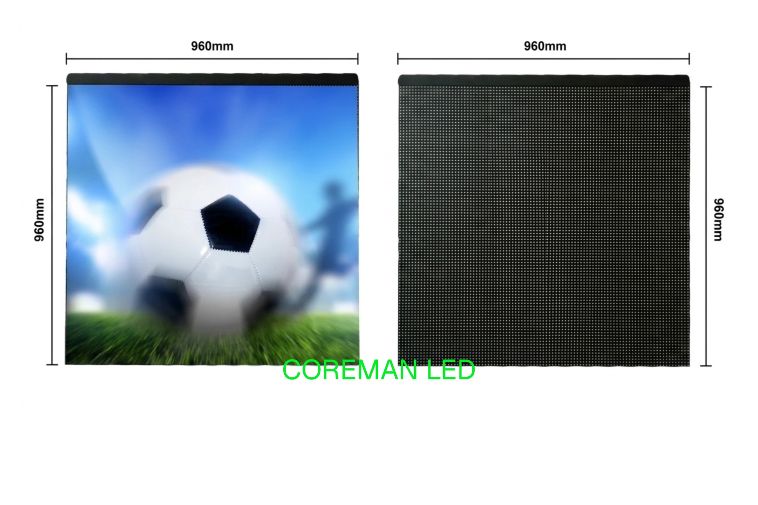 Outdoor stadium perimeter LED display board installed around soccer field for live sports advertising