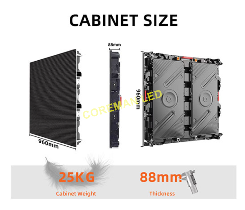 High precision 960x960mm die-casting magnesium alloy LED display cabinet structure showing slim design